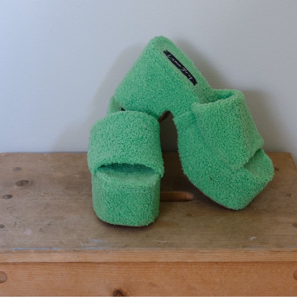 Green Fuzzy Platform Slippers Lemon Drop (Dolls Kill)